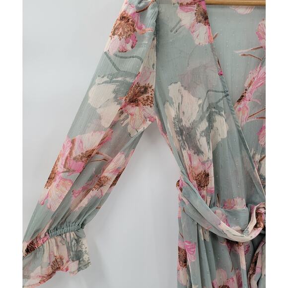 Express Wrap Dress Womens S/M Green Floral Watercolor Sheer Tiered Long Maxi - Picture 8 of 16